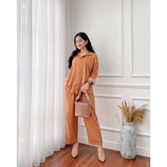 BELLE ONE SET / SETELAN RAYON DAILY ONE SET BAJU SETELAN WANITA KEKINIAN-ONESET(POLKA KUNYIT)