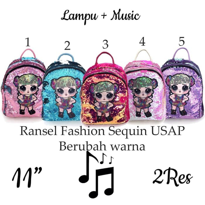 PROMO CUCI GUDANG RANSEL Fashion Anak LED Lampu + MUSIK DAN NO LAMPU RANDOM Sequin Usap Payet Manik Manik Berubah Warna 11inch / 10inch