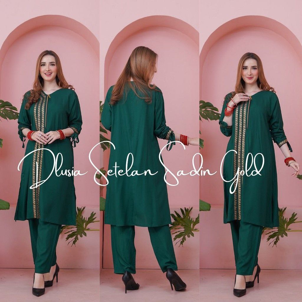 Dlusia Setelan Sadin Gold - One Set Wanita Tunik Renda Jumbo Rayon Premium Setelan Wanita Lengan Pendek Set Baju Muslim Kekinian LD  125 cm
