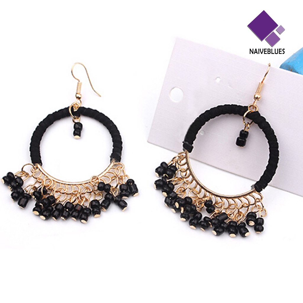 1 Pasang Anting Kait Gantung Bahan Alloy Hias Manik-Manik Rumbai Gaya Boho Untuk Wanita