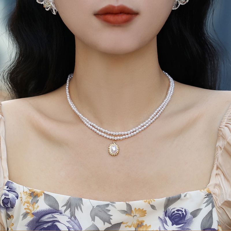 We Flower Kalung Choker Manik-Manik Mutiara Double Layer Gaya Vintage Klasik Untuk Wanita