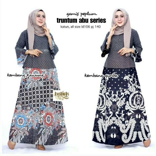 Gamis Peplum Truntum Abu Series Batik Long Maxi Layer Seragam Pesta Kondangan Kekinian Cantik Muslim