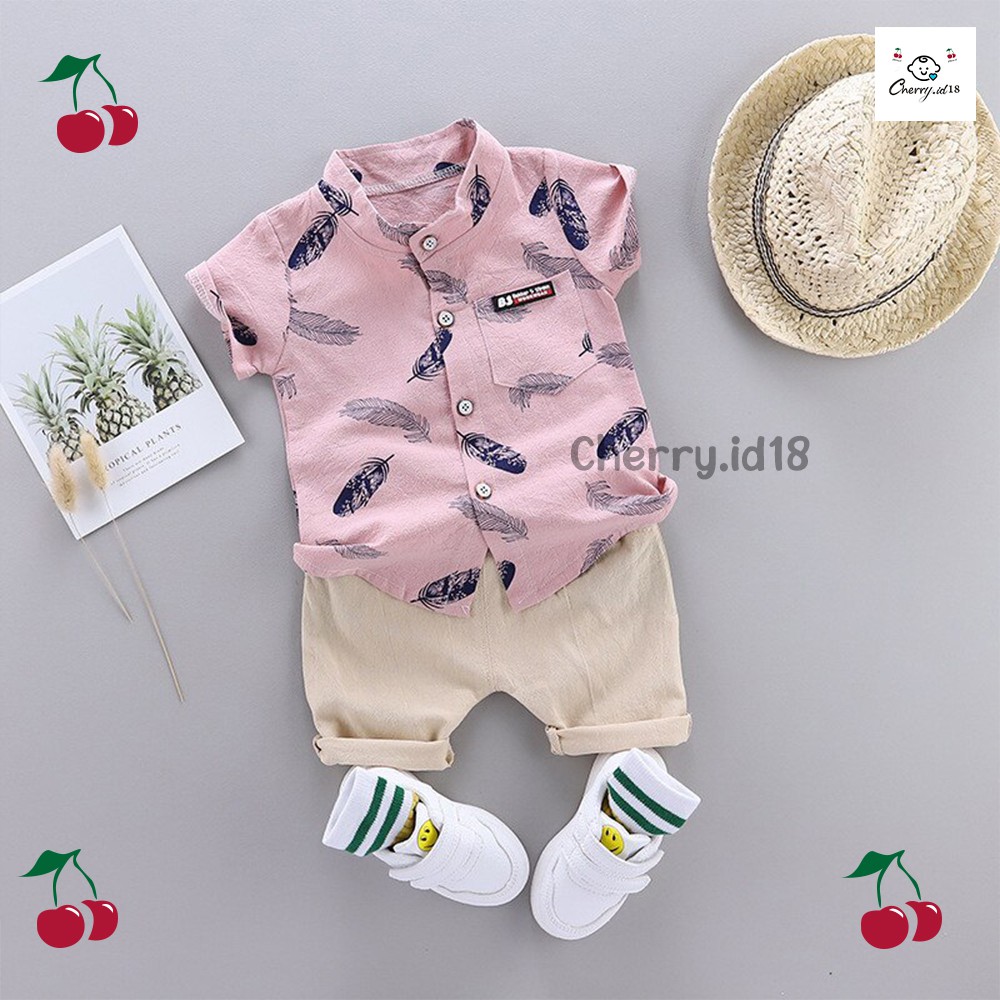 PROMO PUNCAK 12.12 Cherry COD Setelan Kemeja Anak Import Motif Bulu / Pakaian Anak / Baju Anak Import - KB12