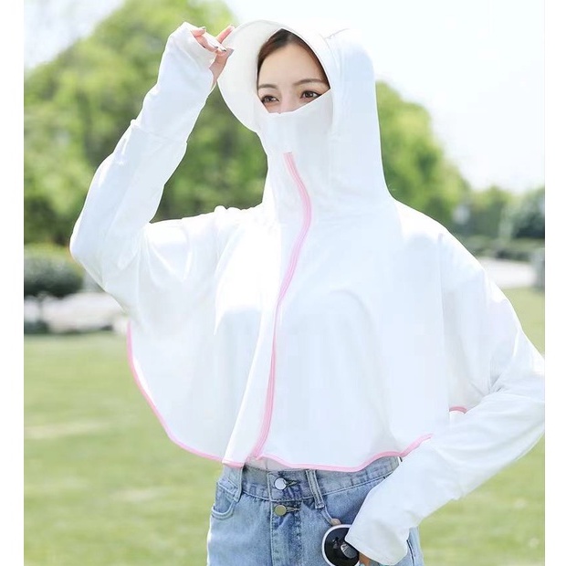 Anti UV Wanita Jacket Anti Matahari Parasut Outdoor 2299 (L/XL)-White Pink