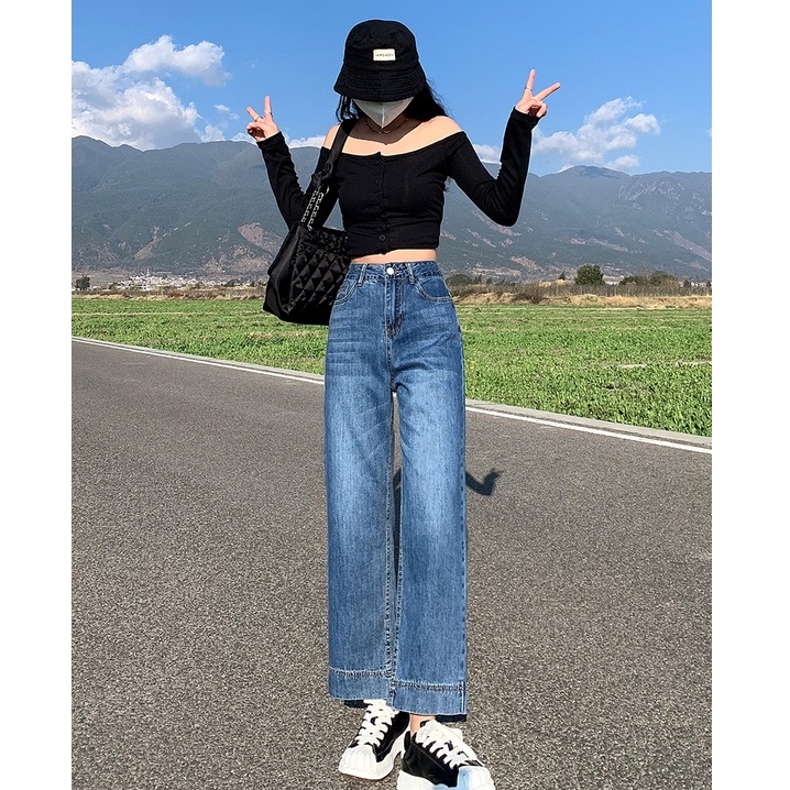 New biru high waist murah kekinian korea import celana jeans wanita  kulot