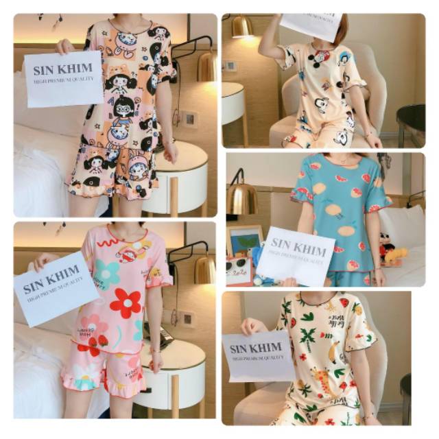 Baju tidur Wanita Import Bahan Kaos Spandex Tebal Aneka Motif All Size L Short Pants-1