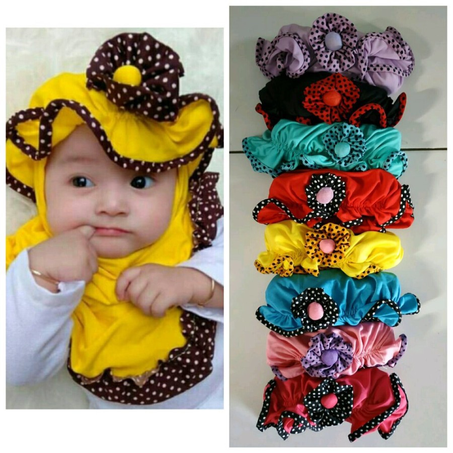 SD - JILBAB ANAK TOPI LIST POLKA 0-3 TAHUN BAHAN JERSEY ADEM KERUDUNG BAYI HIJAB INSTAN