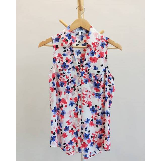 EXPRESS BLOUSE TANKTOP KERAH KANCING DEPAN HIDUP SAKU DEPAN HIDUP BAHAN CHIFFON MOTIF BUSUI FRIENDLY