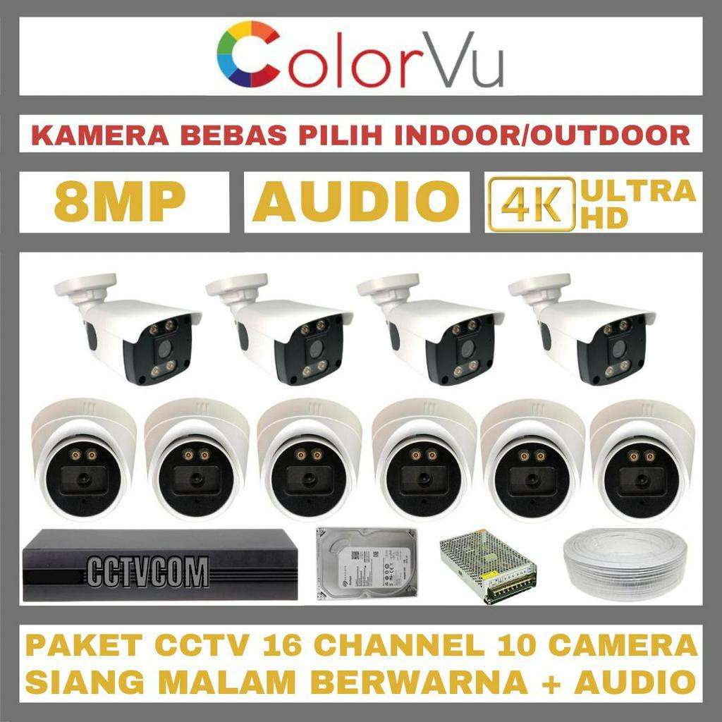 PAKET CCTV COLORVU 8MP 16 CHANNEL 10 KAMERA ULTRA HD 4K CAMERA AUDIO