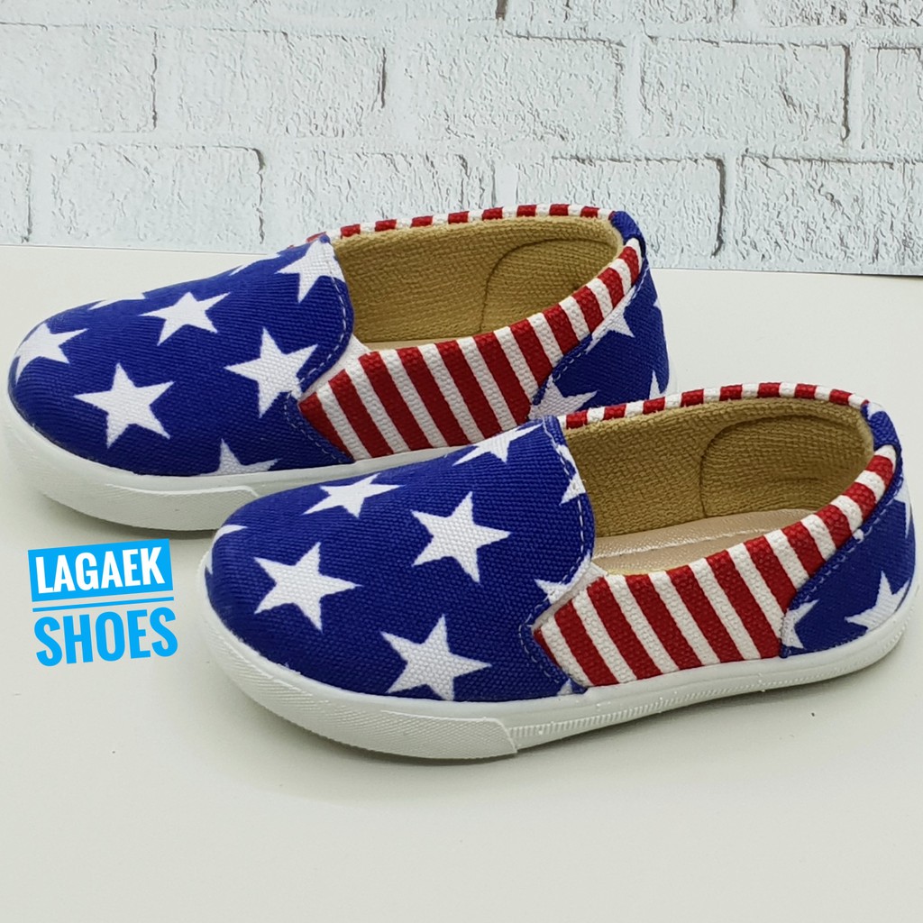 Sepatu Anak Laki Usia 5 6 7 Tahun Slip On Bintang BIRU - Sepatu Anak Alas Karet Size 32 - 35