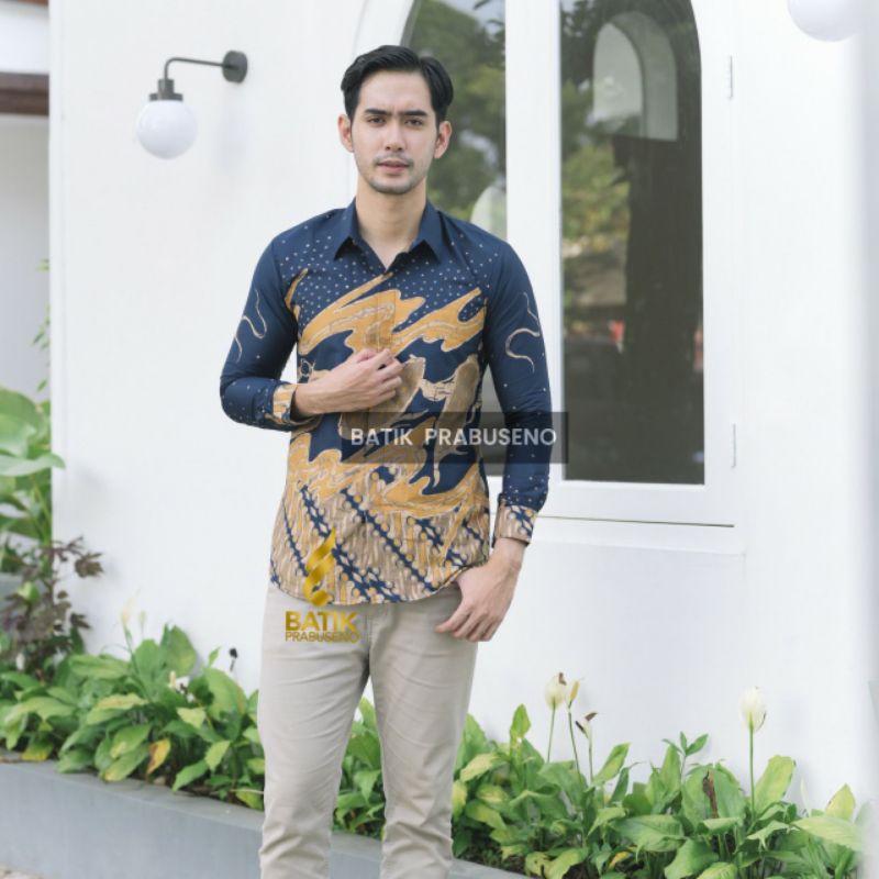 MOTIF ANGGITA BIRU PANJANG SLIMFIT PRINTING Batik Prabuseno Pria Original Outfit Ngantor Keren masku