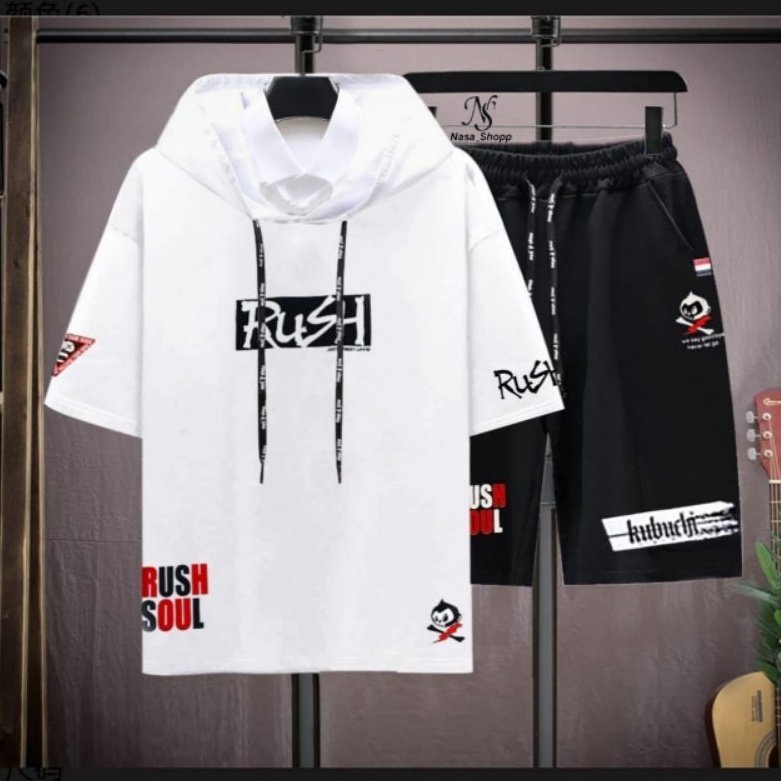 N_S Stelan Pria/Wanita 1Set Distro Baju Hoodie+Celana Pendek RUSH