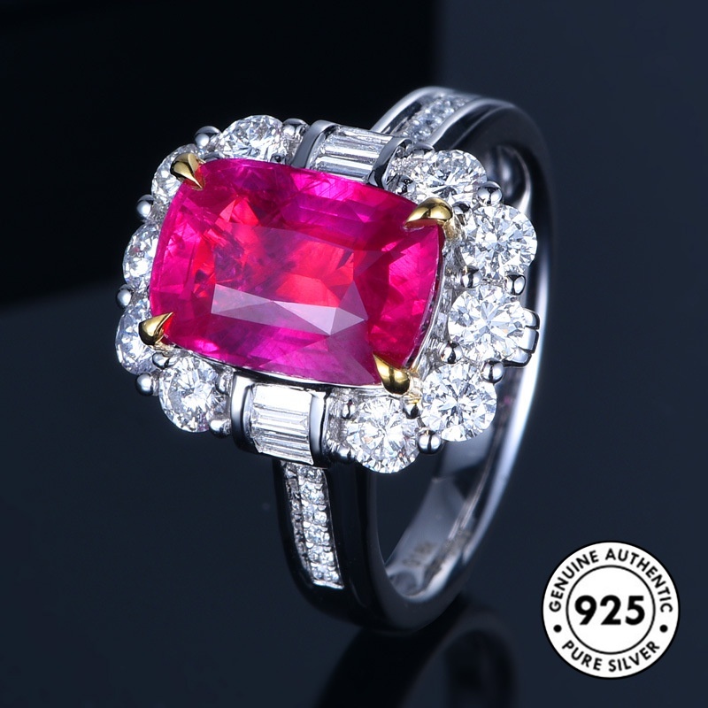 Cincin S925 Silver Bentuk Kotak Aksen Berlian Warna Merah