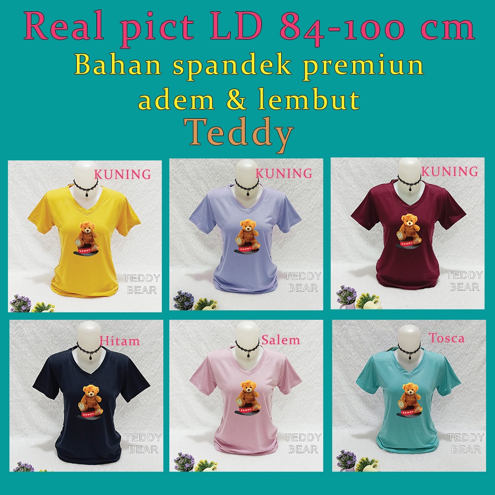 Kaos atasan wanita vneck pakaian wanita kasual distro Teddy Bear Hat Ld 84-100 Fit body SR 02