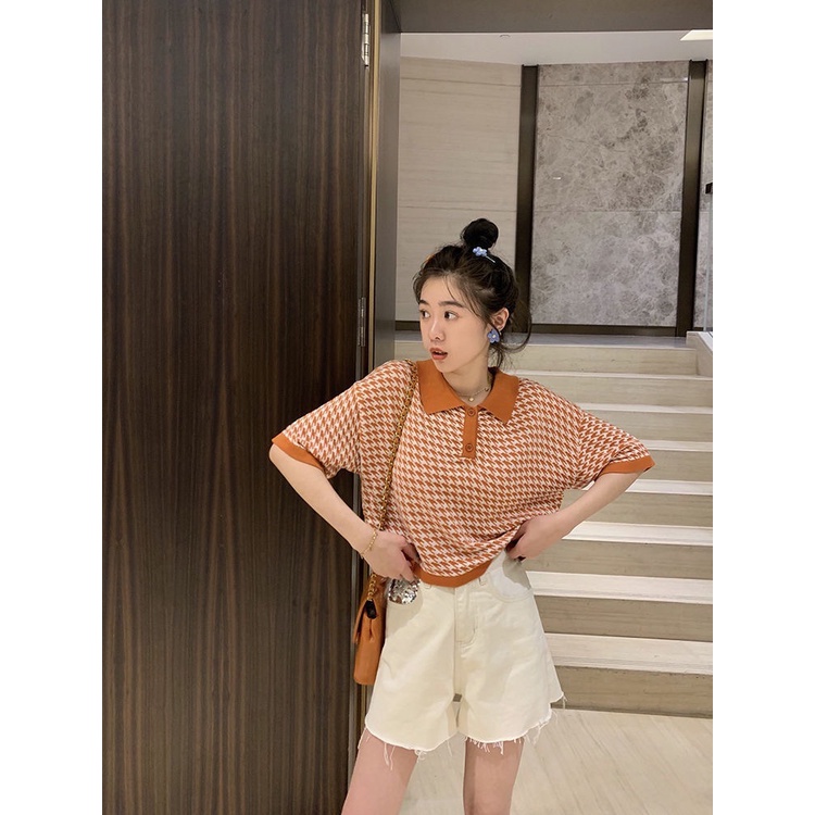 JOY atasan houndstooth polo crop korea rajut garis retro casual