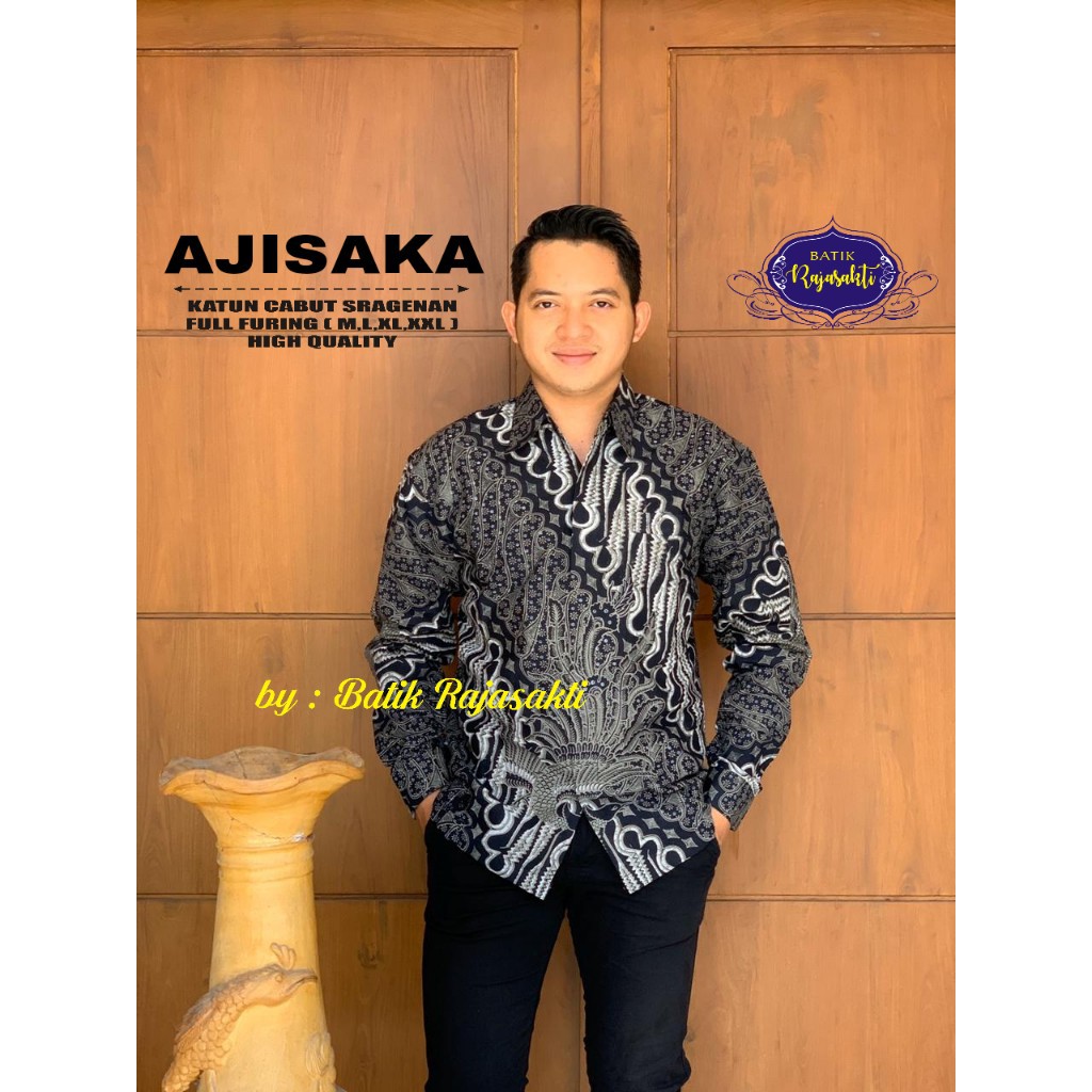 AJISAKA Atasan Baju Kemeja Batik Pria Lengan Panjang PREMIUM LAPIS FURING Katun RAJASAKTI