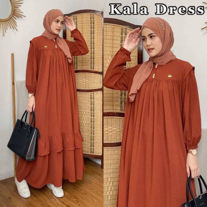 Kalla Gamis Wanita Crinkle Airflow Import Dress Jumbo Lengan Panjang Karet Baju Wanita Kekinian LD 120  cm