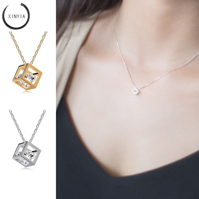 Kalung Alloy Anti Karat Crystal Rantai dengan Liontin Batu Zircon Bentuk Kotak untuk Wanita