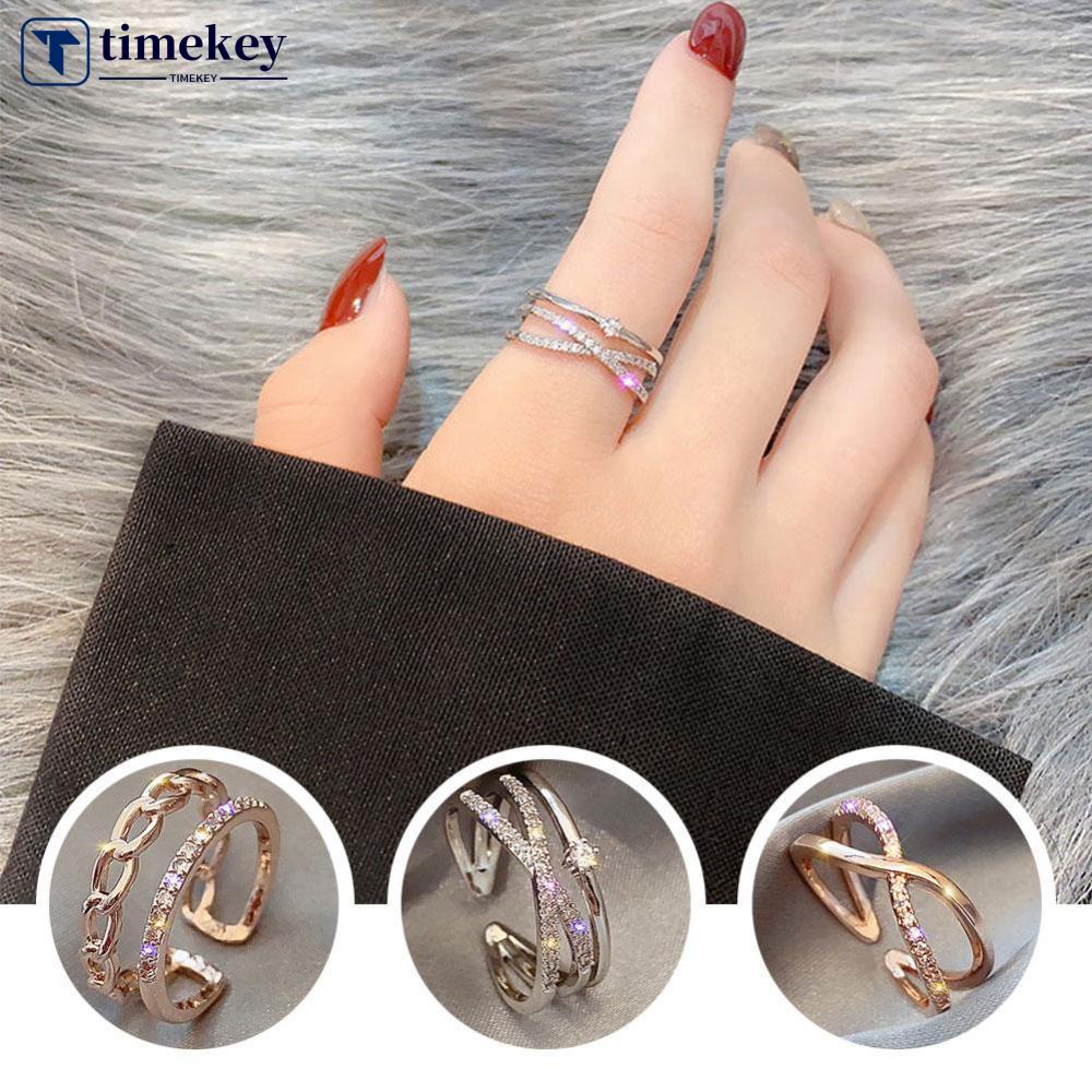 Timekey Cincin Terbuka Adjustable Hias Berlian Imitasi Elegan Mewah Untuk Wanita A8K6