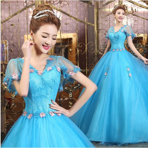 Gaun Wedding Pengantin Ball Gown Lace Quinceanera Biru