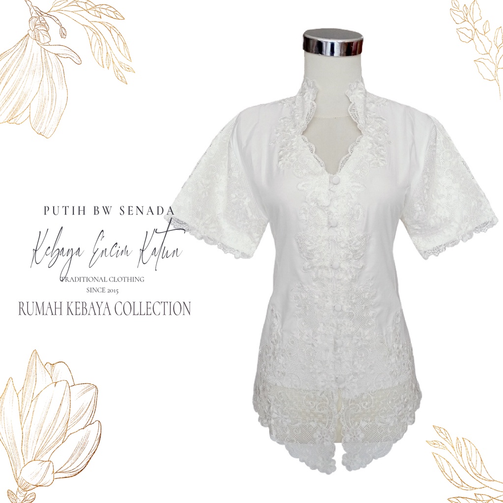 Kebaya Encim Kartini Katun Bordir Modern Putih BW Riesca Lengan Pendek Bigsize Jumbo