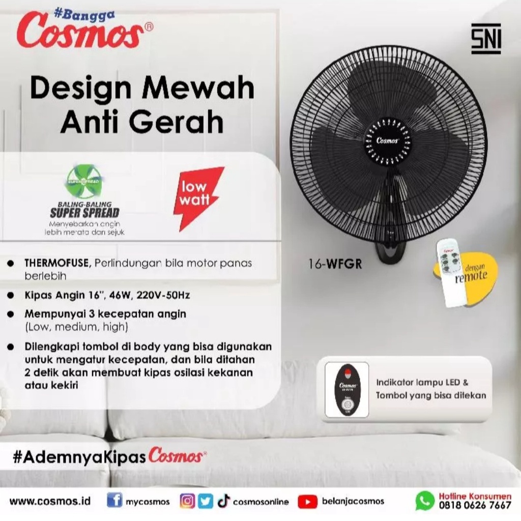 Kipas Angin Dinding Cosmos 16 WFGR WFCR Remote Kipas Tembok Wall Fan Kipas Remot Cosmos 16 WFCR Kipas Dinding