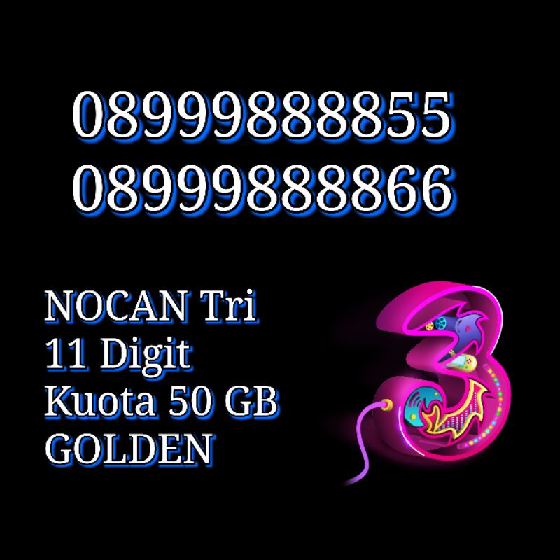 NOCAN Nomor Cantik 11 Digit Kartu Perdana 3 Tri Three 4G LTE Kuota 50 GB GOLDEN