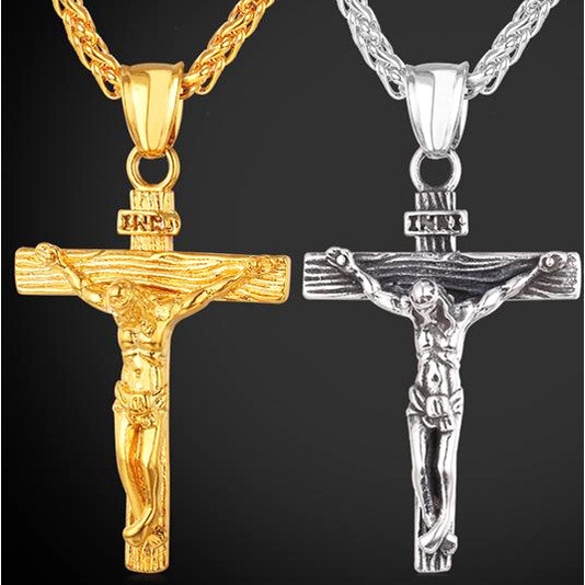 Kalung Rantai Panjang Liontin Salib Yesus Bahan Stainless Steel Alloy Gaya Gothic Untuk Pria Dan Wanita