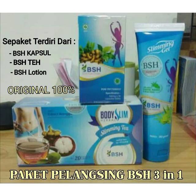 PAKET PELANGSING BSH ORIGINAL TERDIRI DARI TEA + KAPSUL + GEL BPOM 100% ASLI - BODY SLIM HERBAL