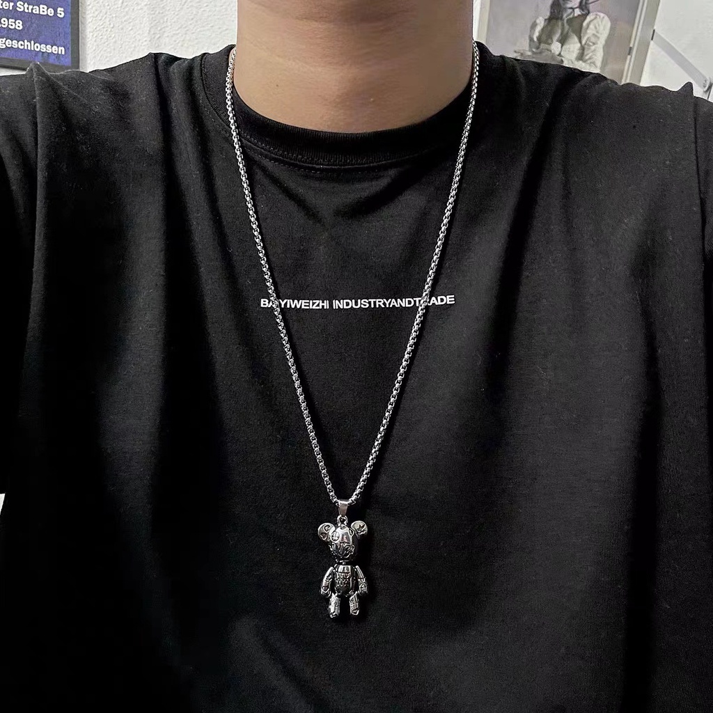 Kalung Rantai Liontin Beruang Bahan Stainless Steel Gaya Hip Hop Korea Untuk Pria Dan Wanita