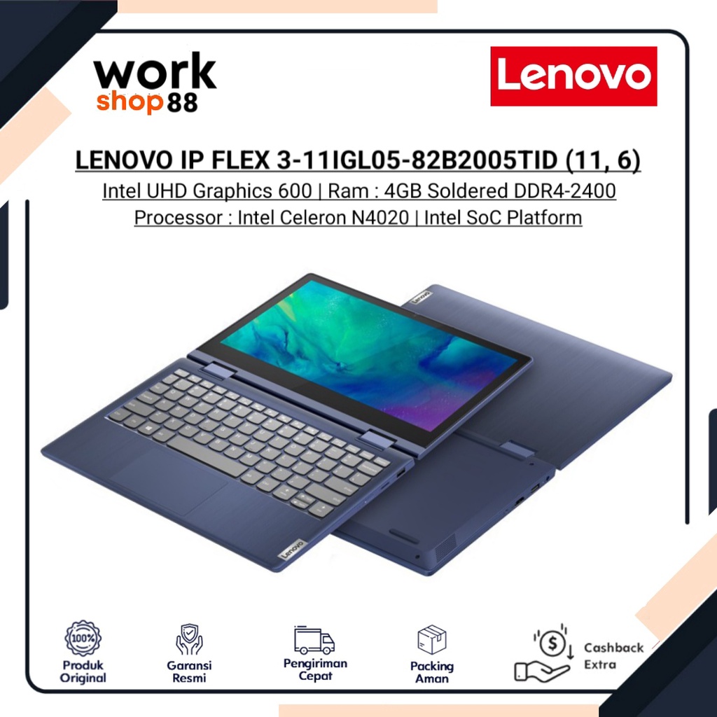 Produk Baru - LENOVO IP FLEX 3-11IGL05-82B2005TID CEL-N4020 - 4GB/256GB SSD (11.6 inch) - New Origin