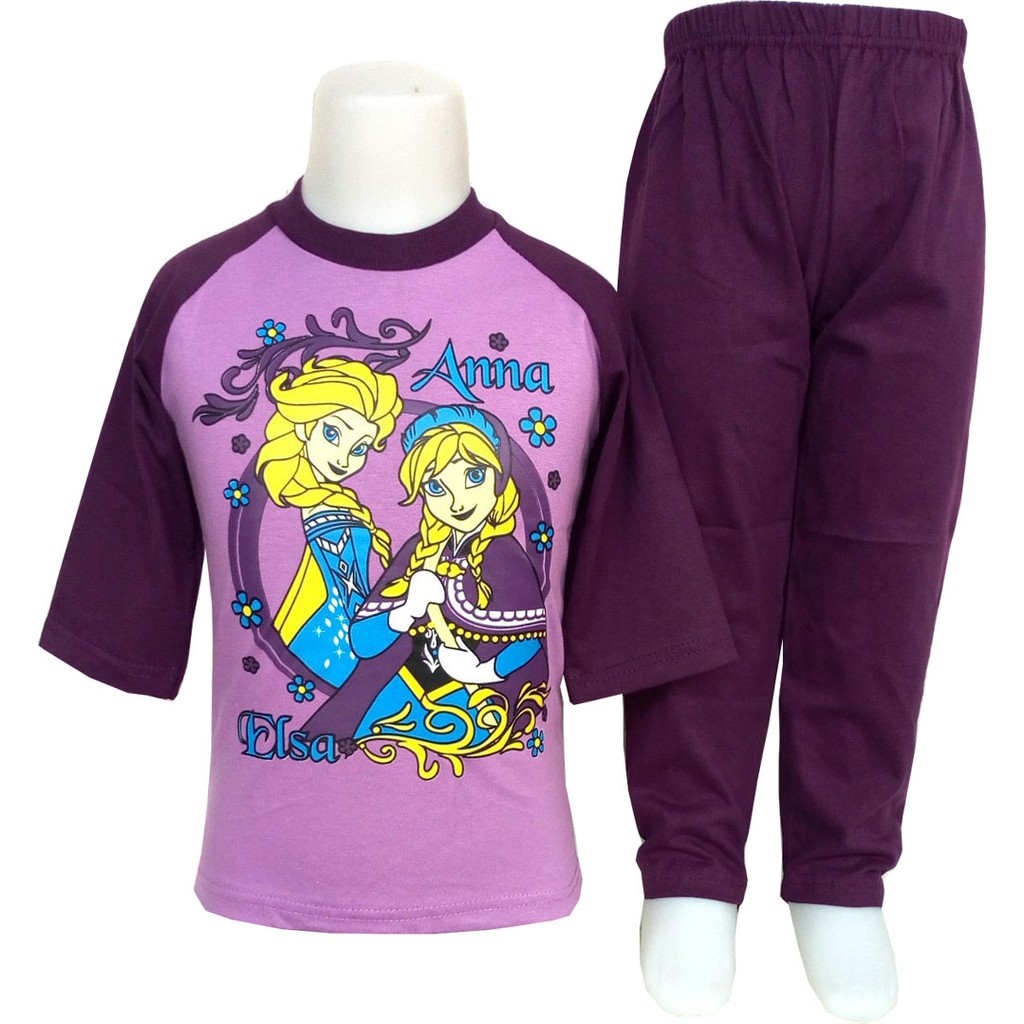 Setelan Kaos Anak Perempuan Karakter Elsa Dan Anna Warna Ungu Dan Celpan Katun Yanaterrashop