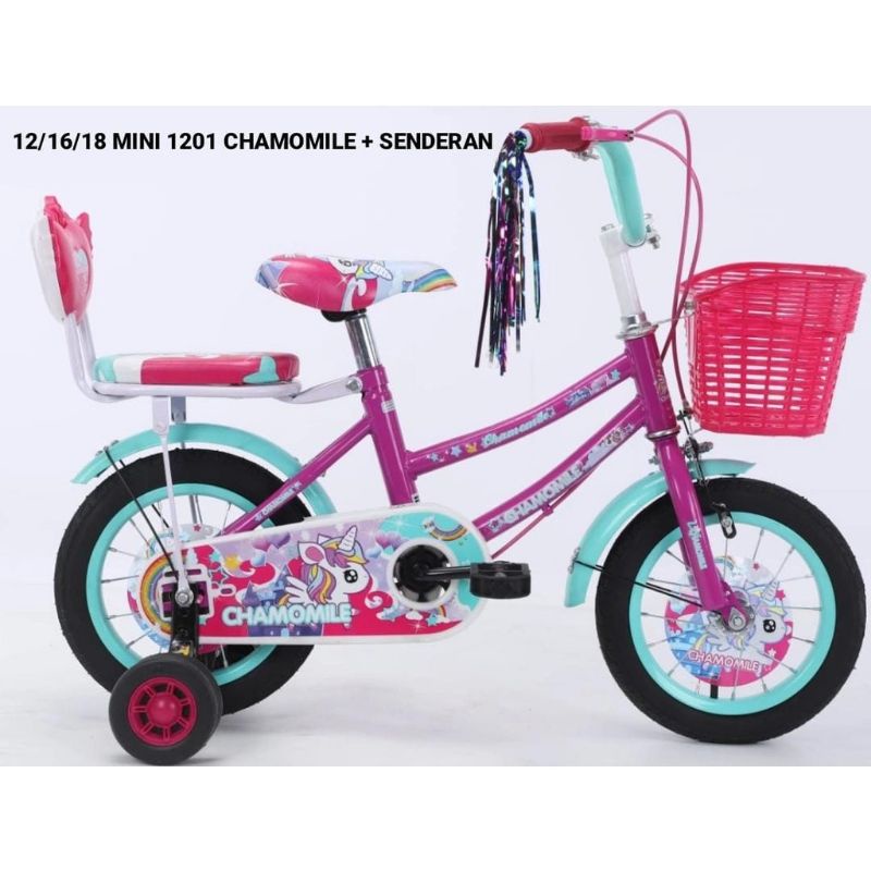 Sepeda Anak Cewek Perempuan Bmx Mini Ukuran 12 inch, 16 Inch &amp; 18 Inch Chamomile 1201 Sandaran Belakang Ban Pompa