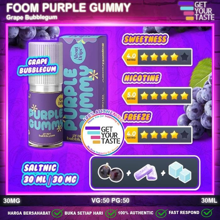 Liquid Foom Purple Gummy Grape Bubblegum Salt Nic 30ML by Aboutdrips