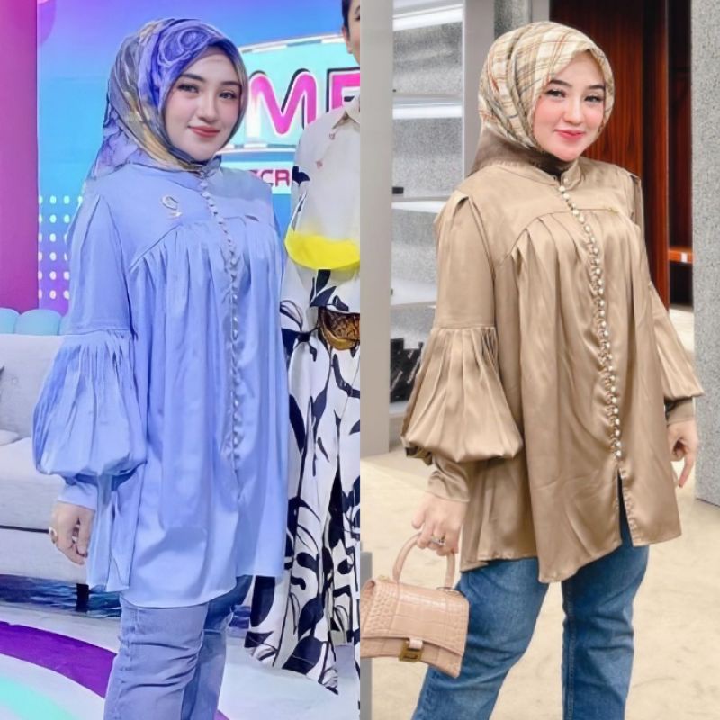 【BISA COD】Satin Silk Puffy Blouse Korean Style long sleeve atasan blus import wanita licin oversize 