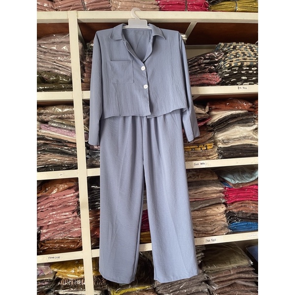 ONE SET CROP TOP BLEZER || KEMEJA CROP CRINGKLE || SET WANITA-BLUE