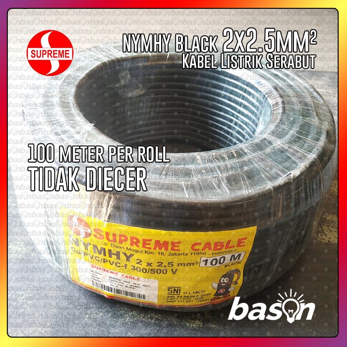 Supreme NYMHY Black 2x2.5 mm @100 Meter - Kabel Listrik NYYHY Hitam Serabut