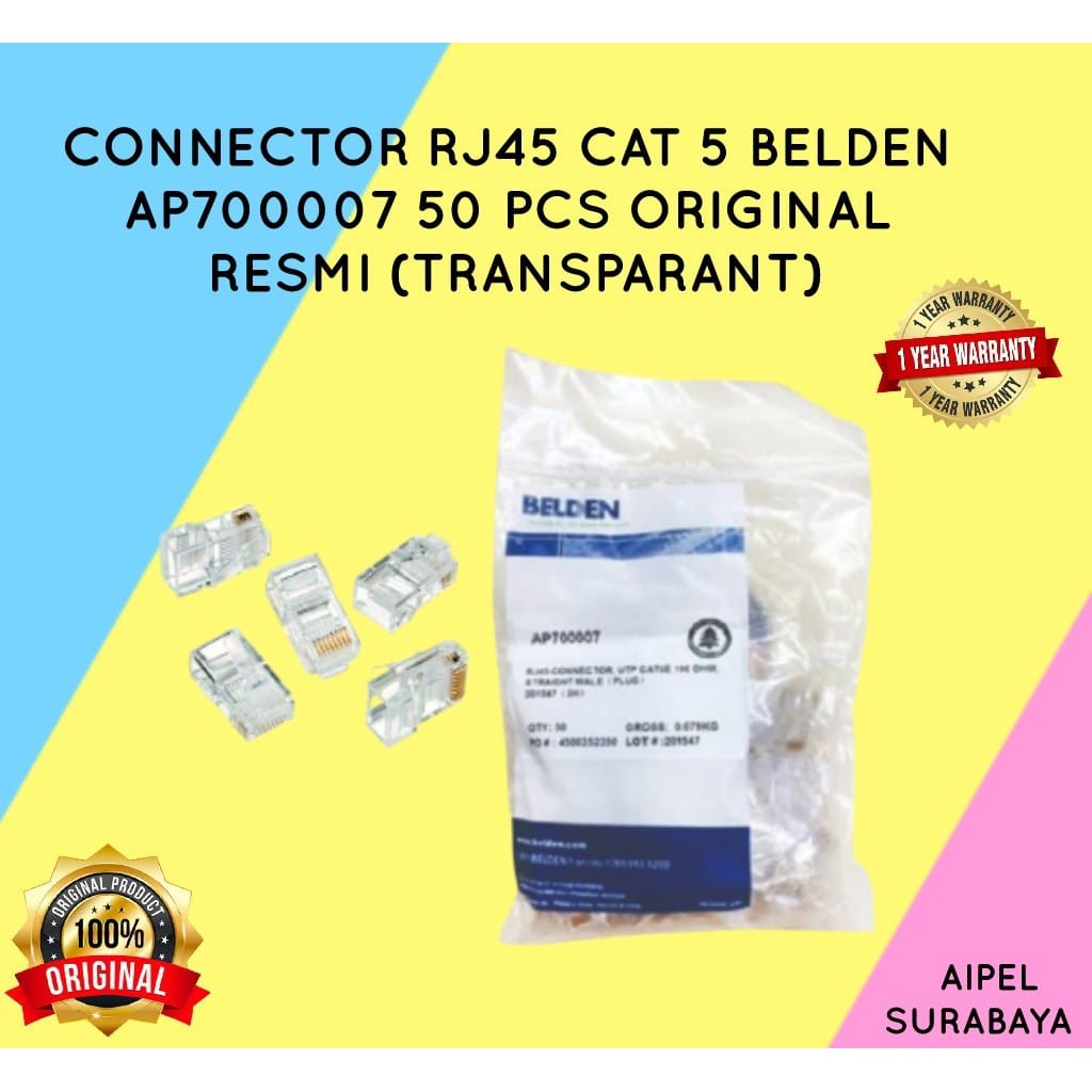 AP700007 | CONNECTOR RJ45 CAT 5 BELDEN AP700007 50 PCS ORIGINAL RESMI (TRANSPARANT)