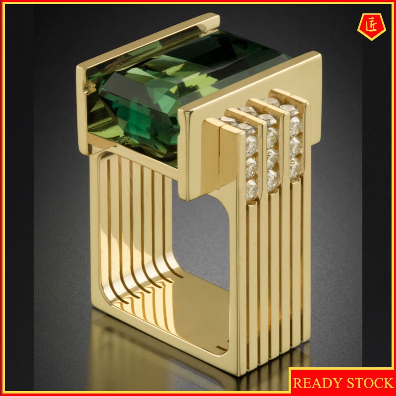 [Ready Stock]Green Square Diamond Ring Gold Fashion Personality