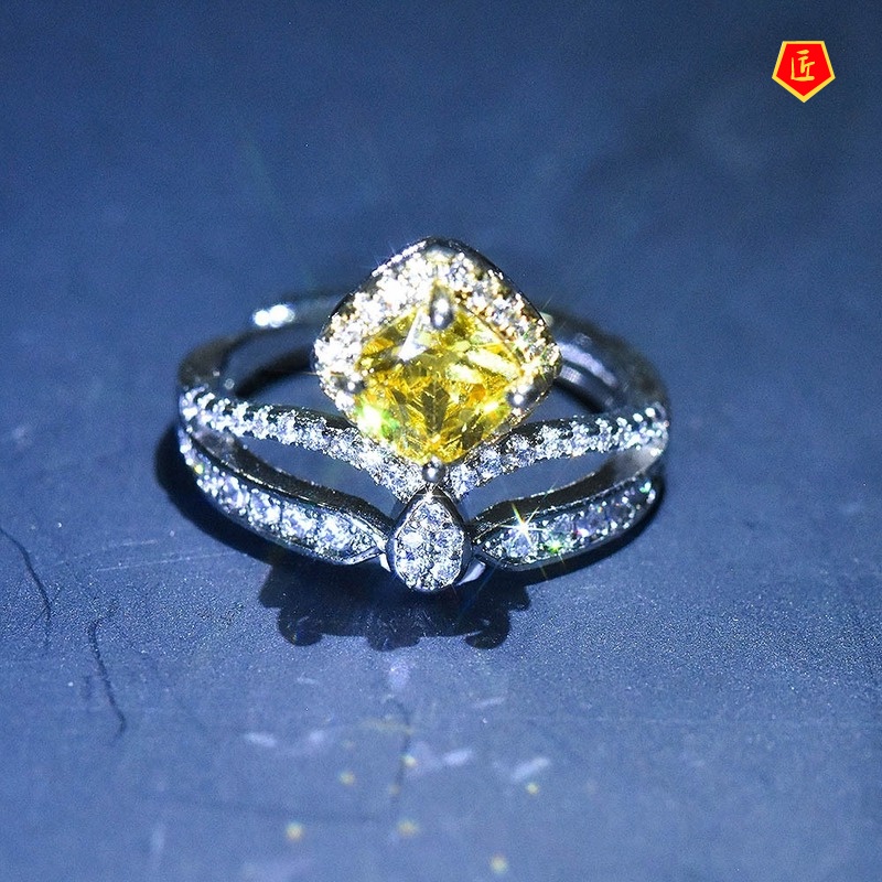 [Ready Stock]Pt950 Square Yellow Diamond Creative Crown Ring