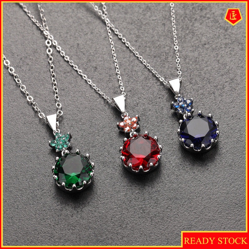 [Ready Stock]Fashion Flower Inlaid Colored Gemstone Pendant Necklace