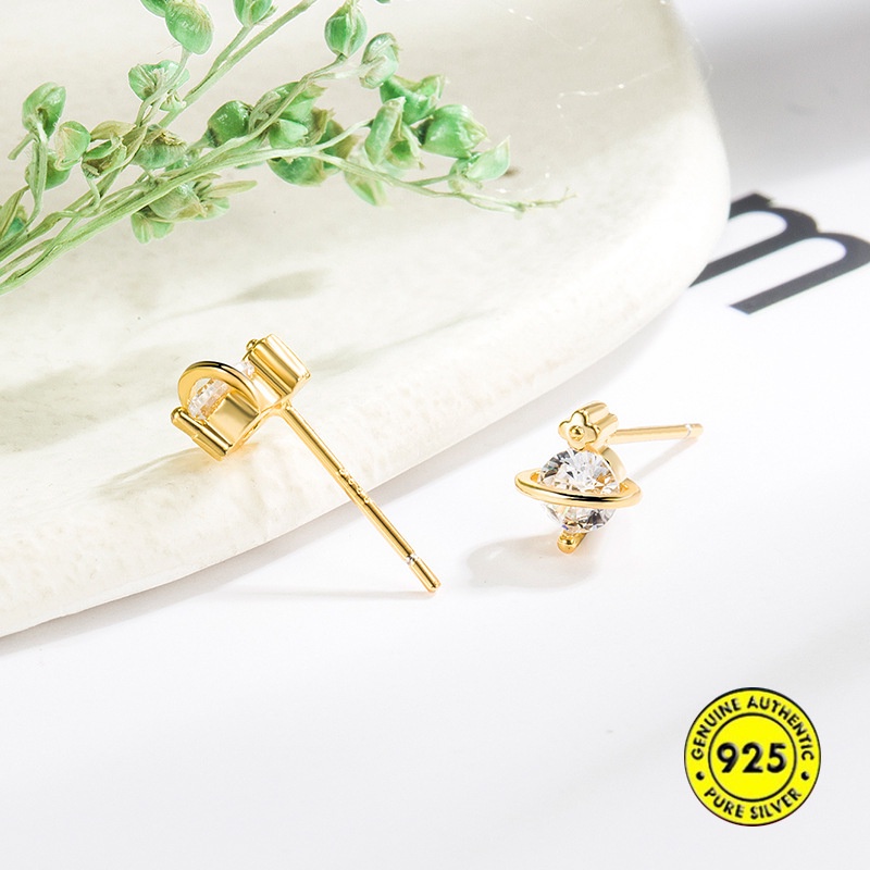 Anting Tusuk Sterling Silver Desain Planet Saturnus Mini Simple Anti Alergi Untuk Wanita