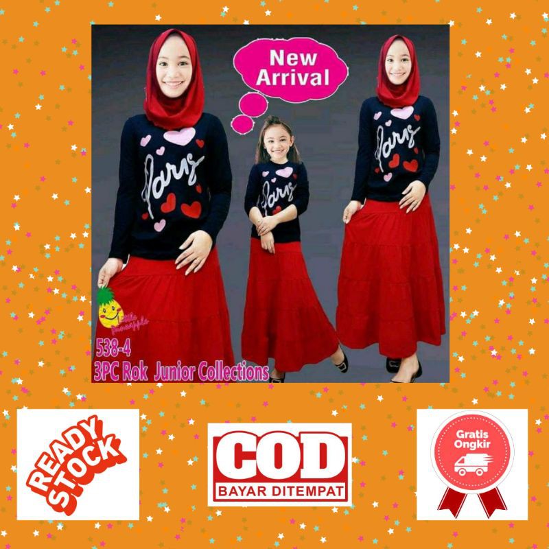 setelan hijab rok anak perempuan bahan kaos Little Pineapple size 6 tahun merah rok anak cewek setel