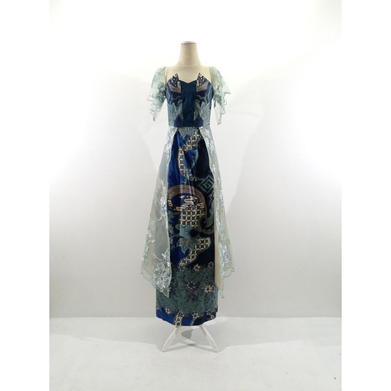 Gaun batik sutera motif hijau bunga kombinasi brokat