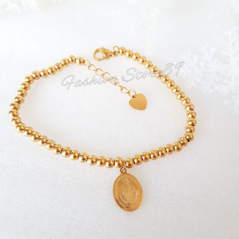 Gelang Rosario Full Butiran 4mm Gold Silver Pria Wanita Fashion Rohani Bunda Maria &amp; Santo Benediktus