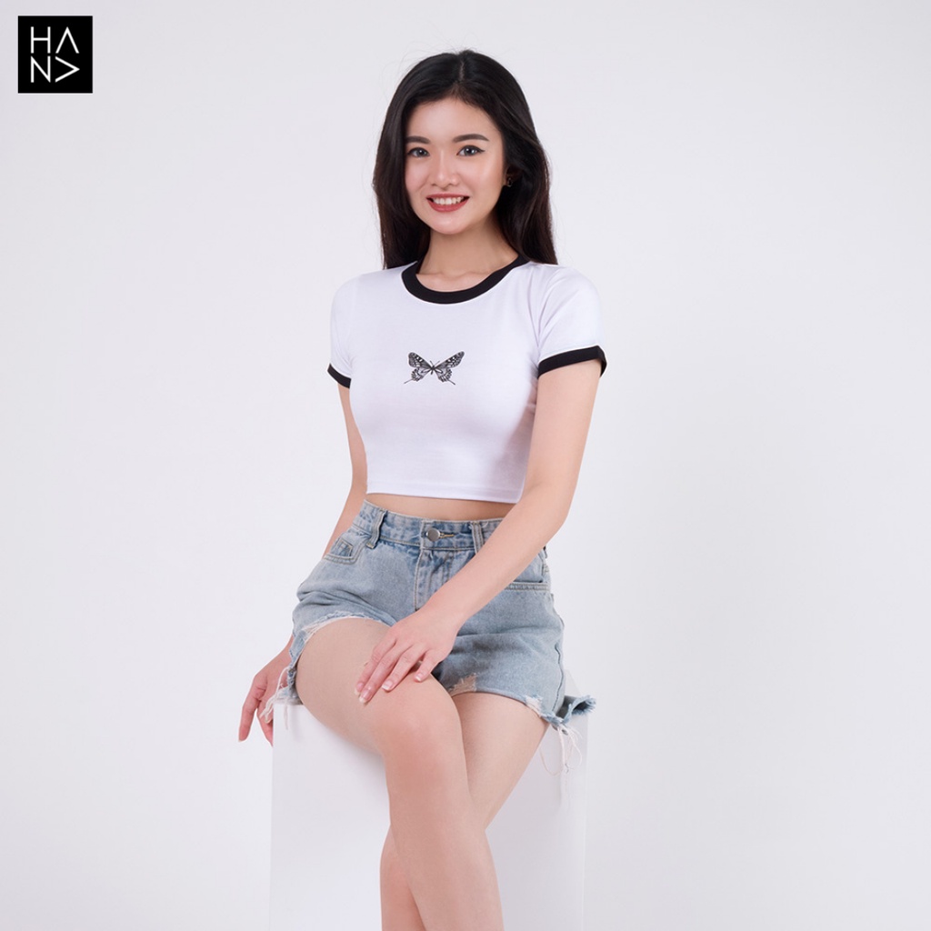 HanaFashion JKT - Butterfly Crop Top Kaos Lengan Pendek Wanita - CT061