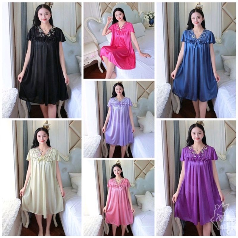 Dtree . lingerie dress jumbo renda bunga putih import /baju tidur wanita sexy satin fit xxl