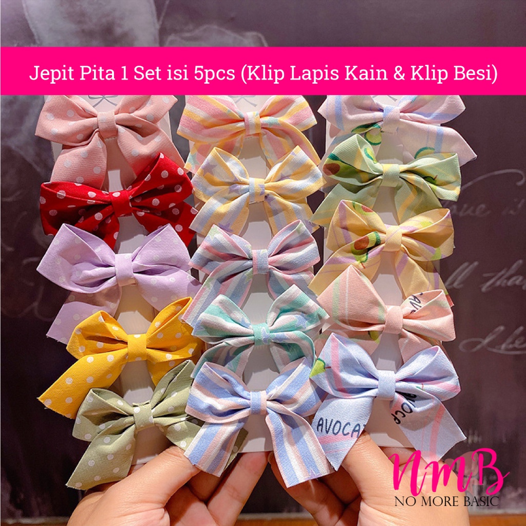 Jepitan Rambut Anak Perempuan Korea Jepit Pita Set Jepitan Pita1 Set isi 5 pcs Klip Lapis Kain &amp; Klip Besi Rambut Anak Motif Lucu