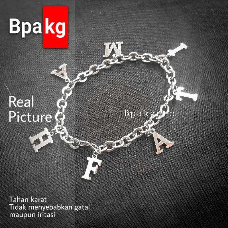 Gelang tangan Custom nama huruf Anti karat Gelang ukir Nama besi putih asli silver Rumbai alphabet a