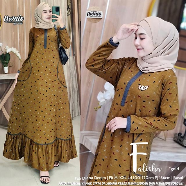 Gamis Wanita Calvin Jeans Diana Busui Tebal Melar Nyaman di Pakai Fane Levila Gamis Muslim Kekinian-FALISHA MUSTARD